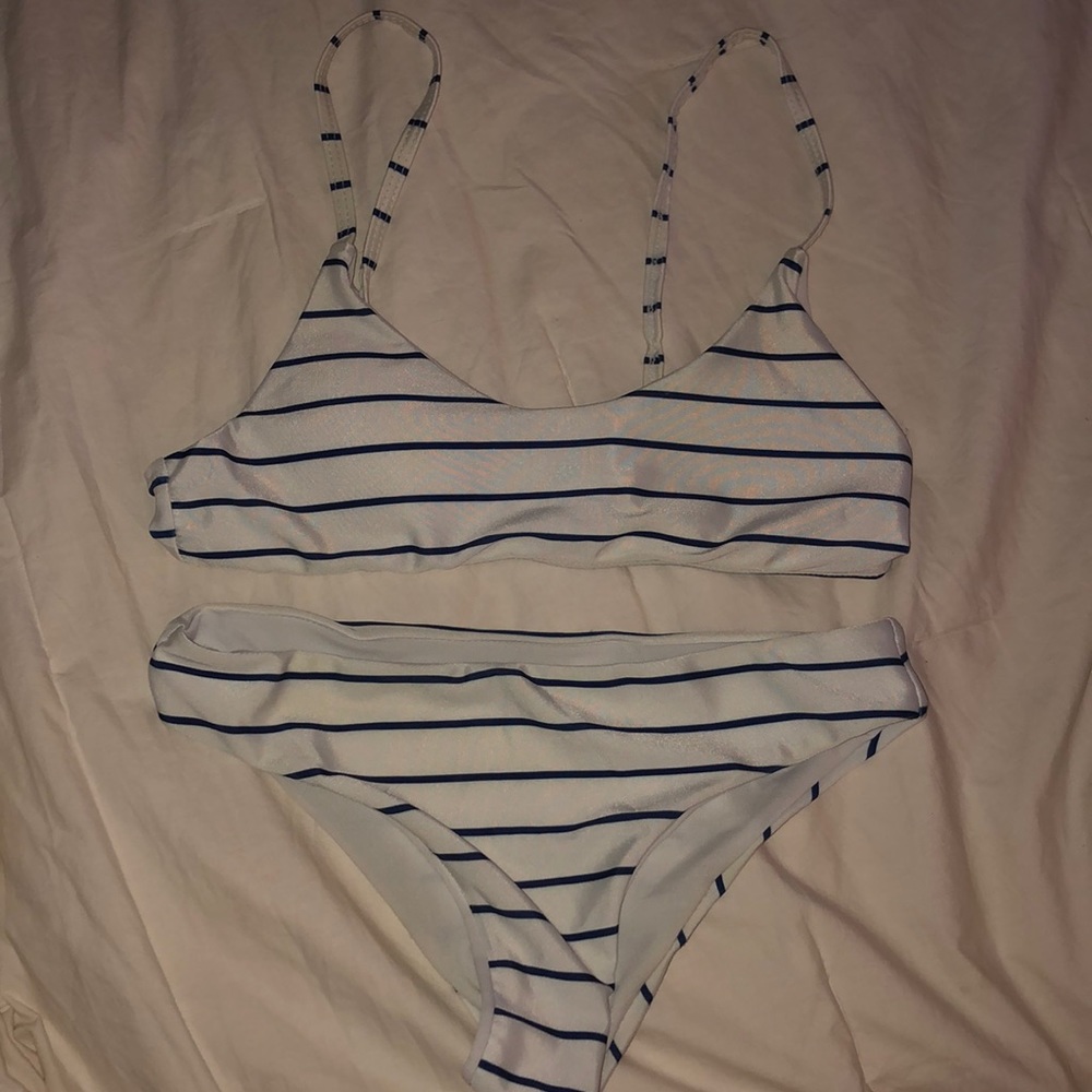 Blue and white striped bikini set